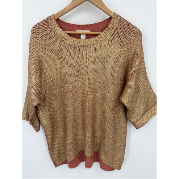 Coldwater Creek Tops - Coldwater Creek Open Knit Top Sz S Terra Cotta Metallic Gold 3/4 Sleeve Shimmer